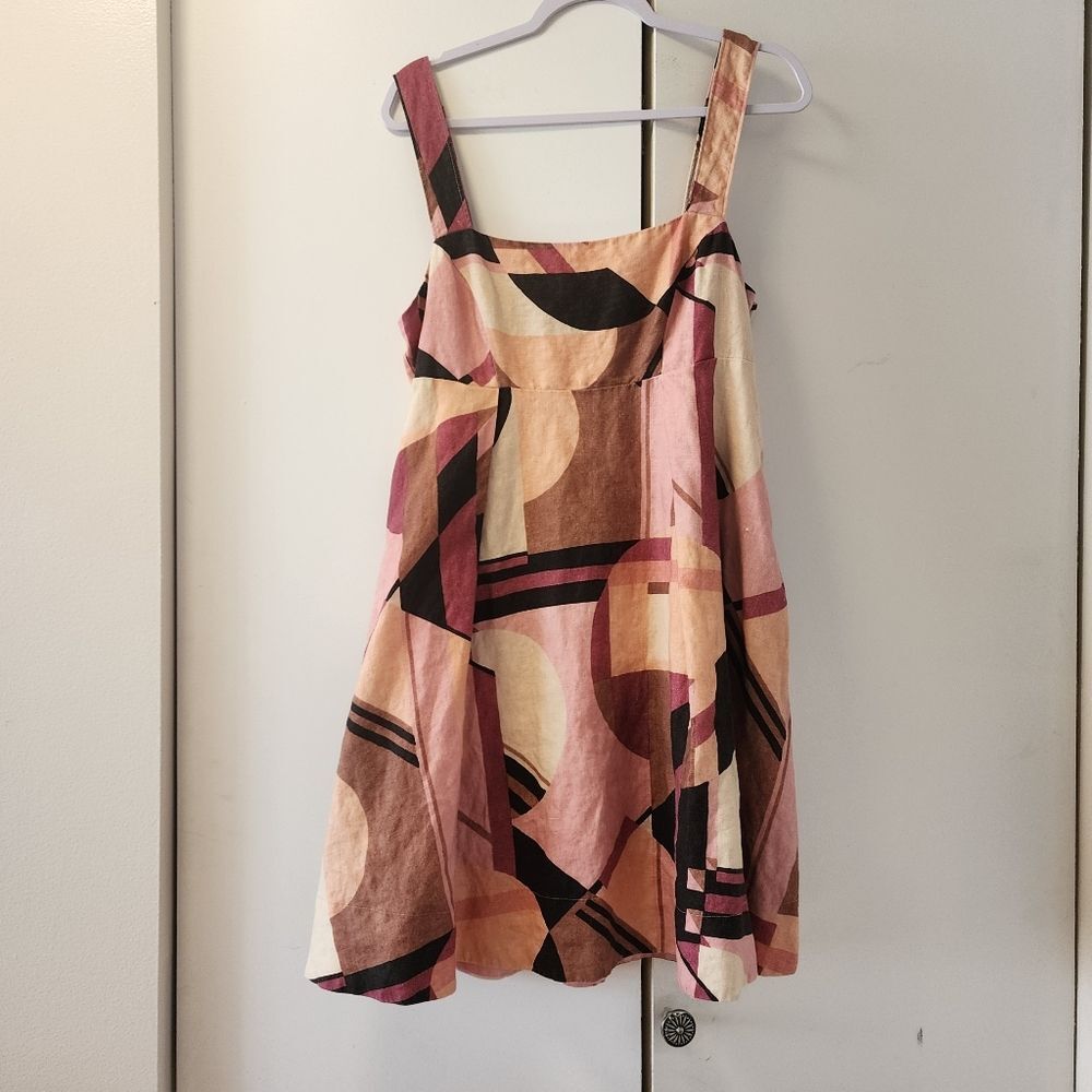 Banana Republic Abstract Print Linen Mini Dress Pink XL 14 empire waist